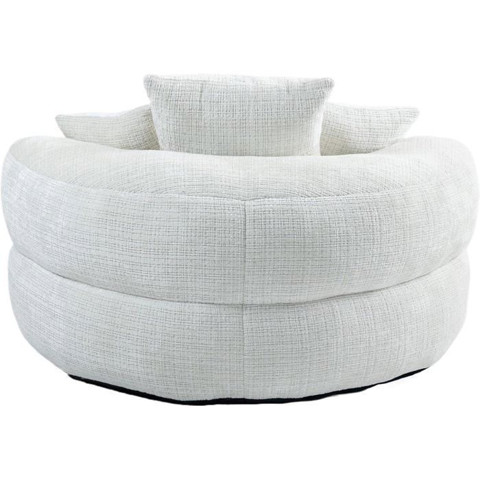 Sillón puf de dos plazas en chenilla beige, 108×108×52 cm, con 3 cojines: sofá cómodo para salón y dormitorio.