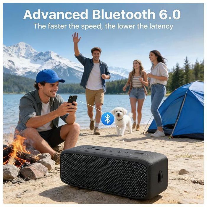 NOBIS 20W Portable Bluetooth Speaker, IP68 Waterproof, 24-Hour Battery Life, Bluetooth 6.0, TWS Stereo, TF/AUX Player, Black