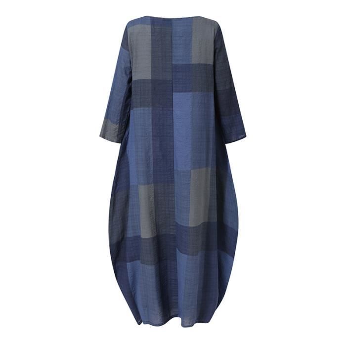 Vestido de fiesta informal de manga larga a cuadros estilo vintage para mujer, azul
