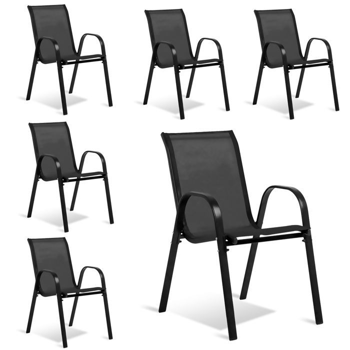 Sillas de jardín apilables de textilene (6 unidades) - Negras - TERRE JARDIN - Tejido de alta densidad - Sillas de jardín cómodas y elegantes