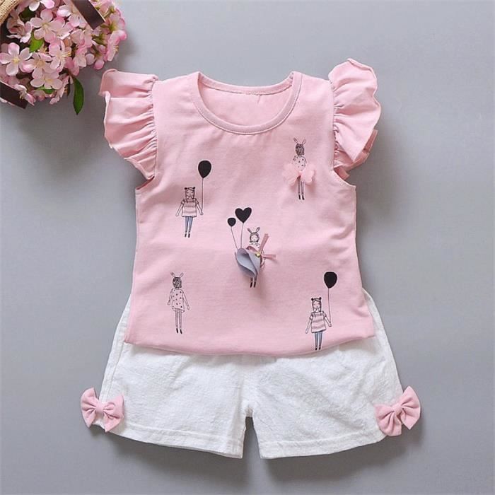 Conjunto de verano para niñas, camiseta de manga corta con volantes y pantalones, traje informal, rosa.