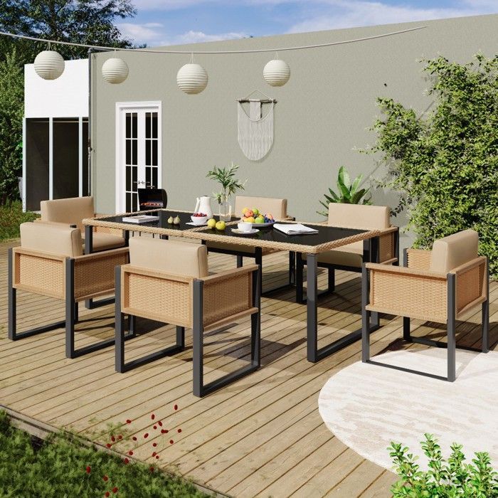 Set da giardino in polyrattan con tavolo e 6 sedie, poltrone con fodere sfoderabili e lavabili, nero e marrone, 170x80x75 cm / 55x55x80 cm
