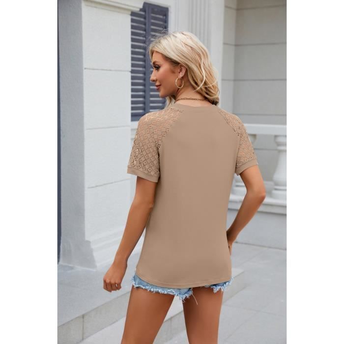 T-Shirt Femme Dentelle Manches Courtes Casual Tee Shirt Lache Ete Col Rond Couleur Unie Confortable - Taille EU - Kaki
