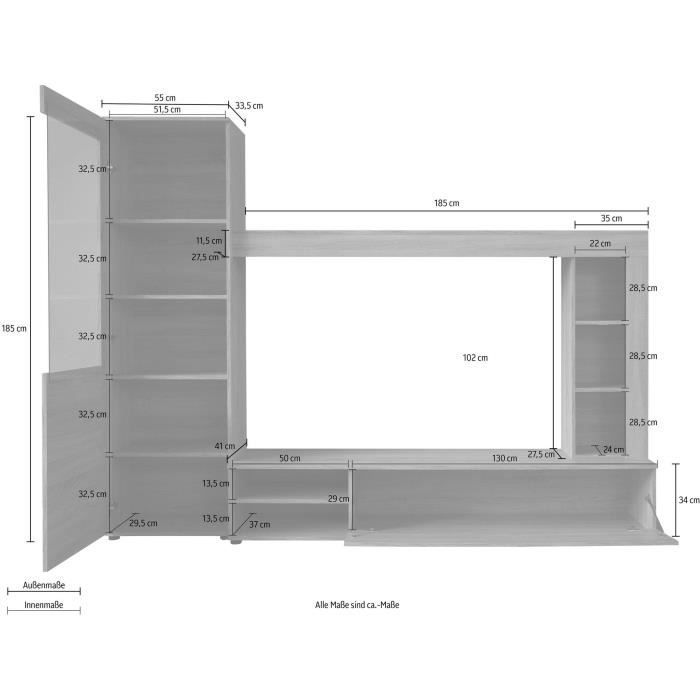3-delat TV-set med LOGO - 1 dörr - LED-belysning - Ljus ek och mattvit melamin - B240 x D41 x H185 cm - TRENDTEAM