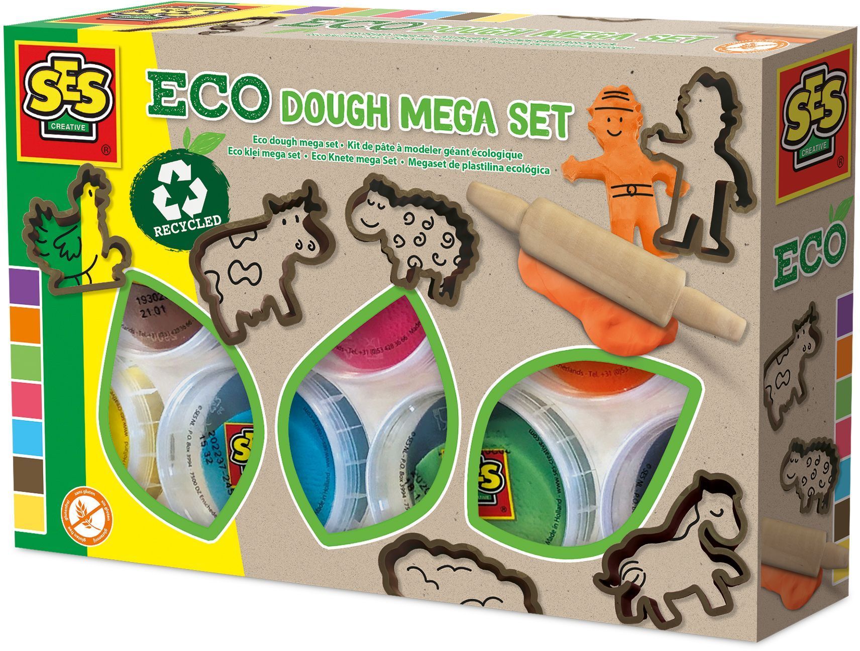 Giant Eco-Friendly Modeling Clay Kit (7 x 90g with tools) - SES Creative - Dough - Made in the Netherlands - Wooden roller - Age: 2+