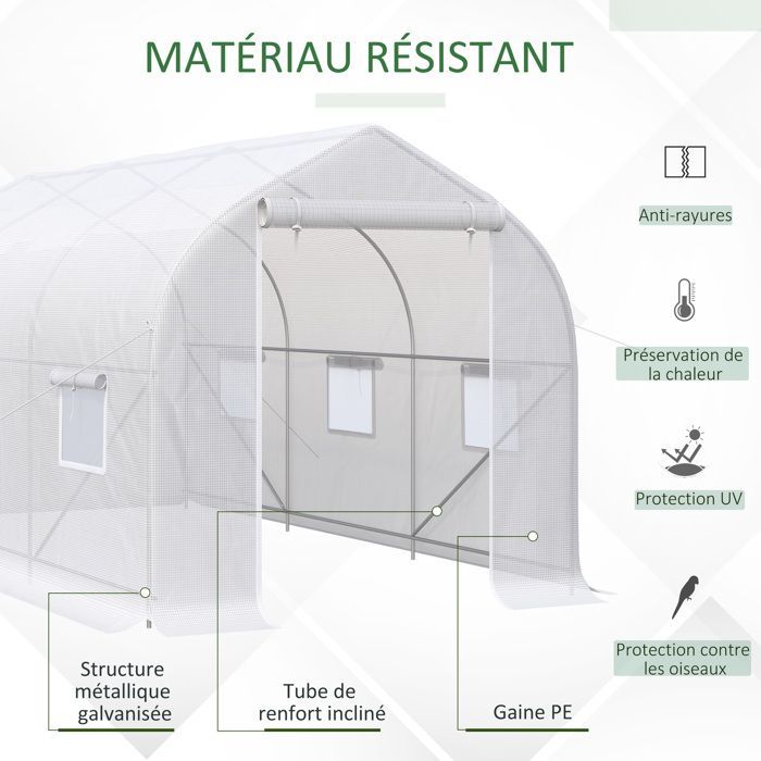 Invernadero tipo túnel Outsunny de 8 m² - con 2 puertas y 6 ventanas - Cubierta de PE de 140 g/m² - 400 x 200 x 200 cm - Blanco