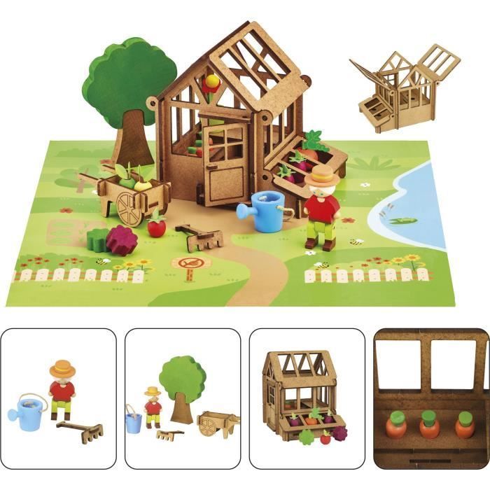La Serre du Jardinier 40 Pièces - JEUJURA - Jeu de Construction en Bois Naturel, Tapis et Accessoires Inclus, 22x18,5x8,5 cm