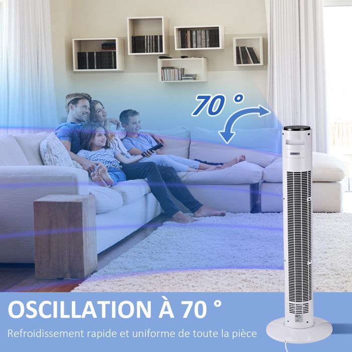 Ventilador de torre HOMCOM - Silencioso, 3 modos, 3 velocidades, mando a distancia, LED - 96 cm - Blanco