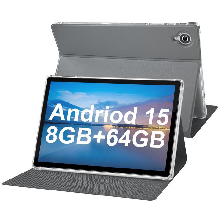 Tablet Android 15 com capa, 8 GB de RAM + 64 GB de ROM (expansível até 128 GB), câmera dupla de 5 MP + 8 MP, bateria de 5000 mAh. Boa qualidade, preço baixo.
