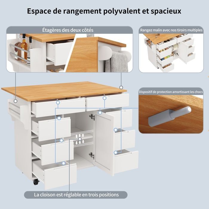 Carrito de cocina - TKOPY - Isla de cocina rodante con 8 cajones y especiero - 122x74,5x91,5cm - Blanco