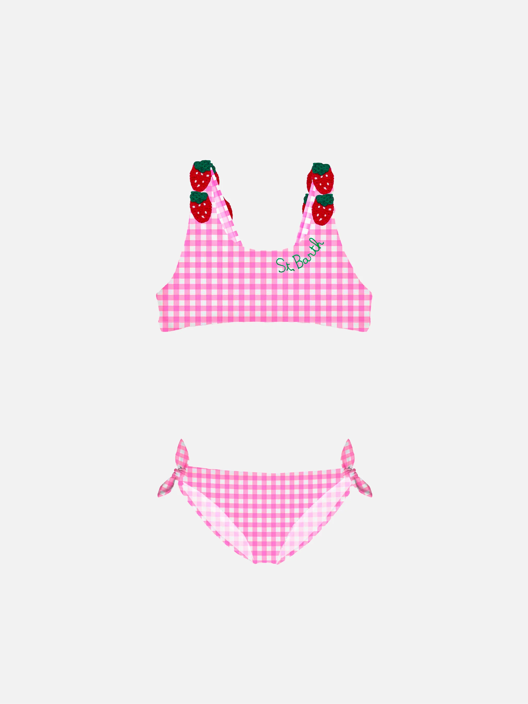 Bikini da bambina stampa vichy rosa con fragola applicata