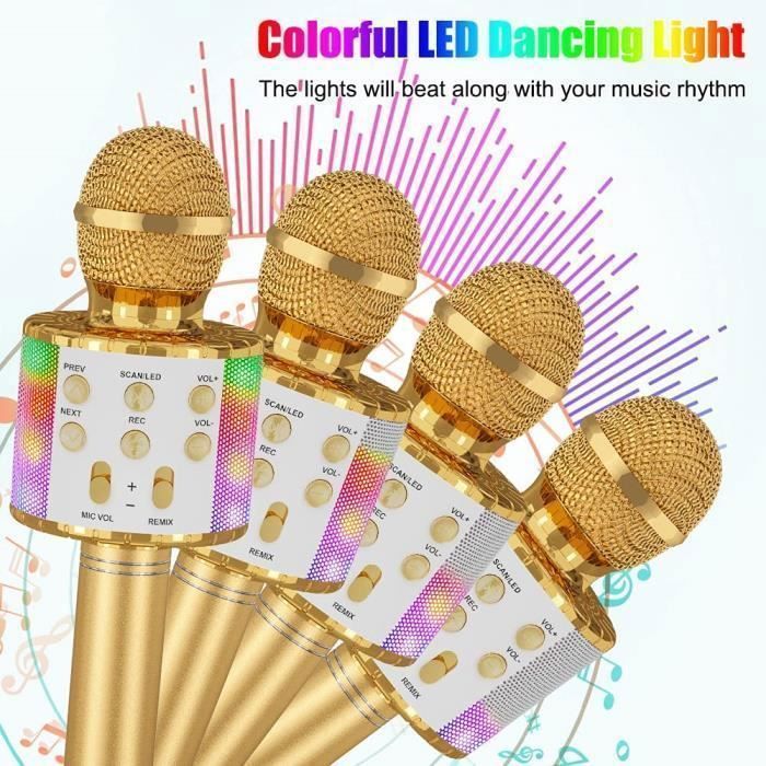 Microfono karaoke wireless, microfono karaoke per bambini con luce LED danzante, microfono Bluetooth per bambini, oro