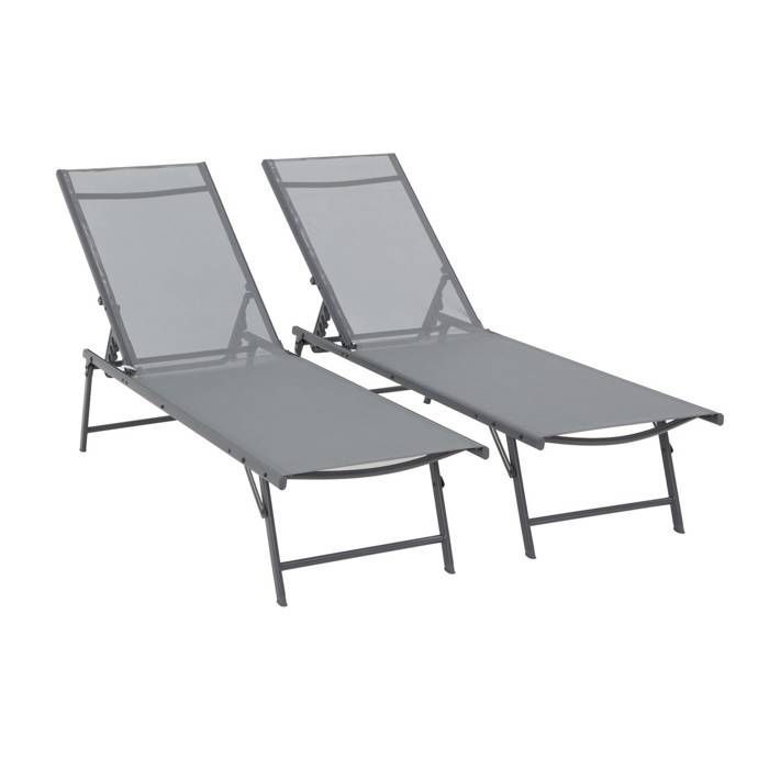 Set di 2 lettini prendisole Tropea in acciaio color antracite e textilene con meccanismo reclinabile a 4 posizioni. 165 x 54,5 x 82,5 cm