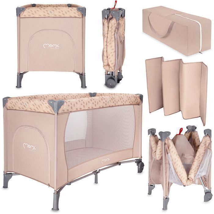 MoMi BELOVE – Lit Parapluie Bébé Pliant – Matelas + Sac de Transport – Accès Latéral – 2 Roulettes – Beige