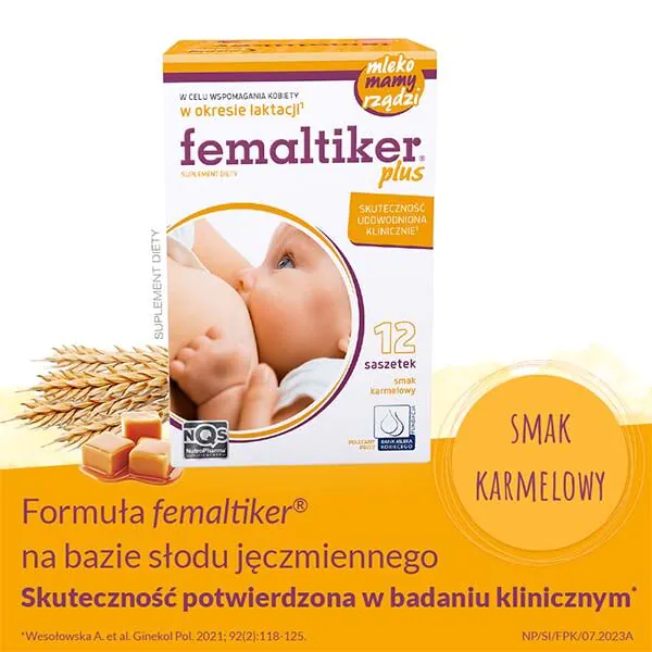 Femaltiker Plus, Suplement diety wspomagający laktację, Saszetki o smaku karmelowym