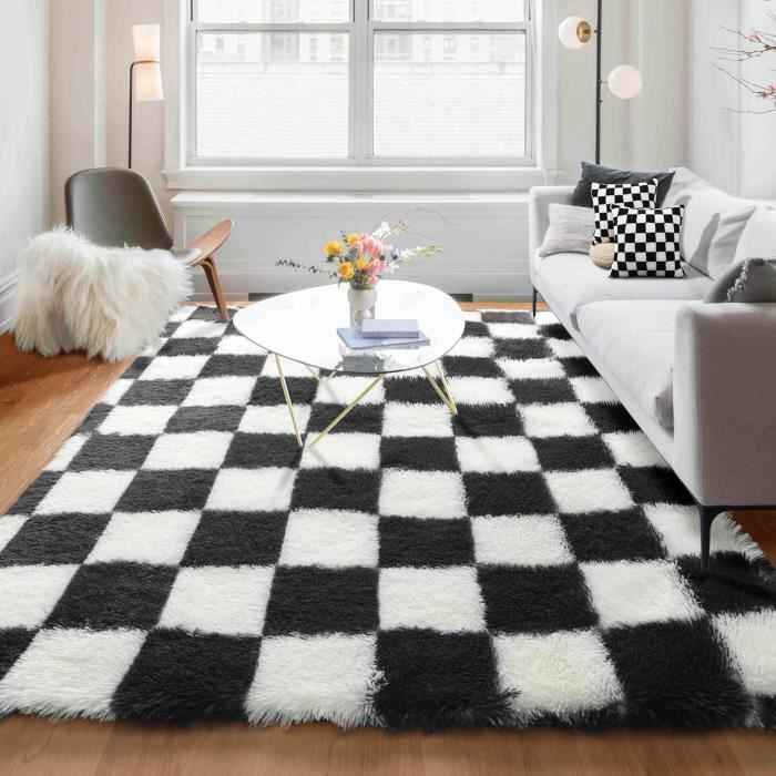 Rugeteppe til stue 160 x 230 cm mykt nattbordsteppe med lang lugg til stue, soverom, sofa, hvit, svart