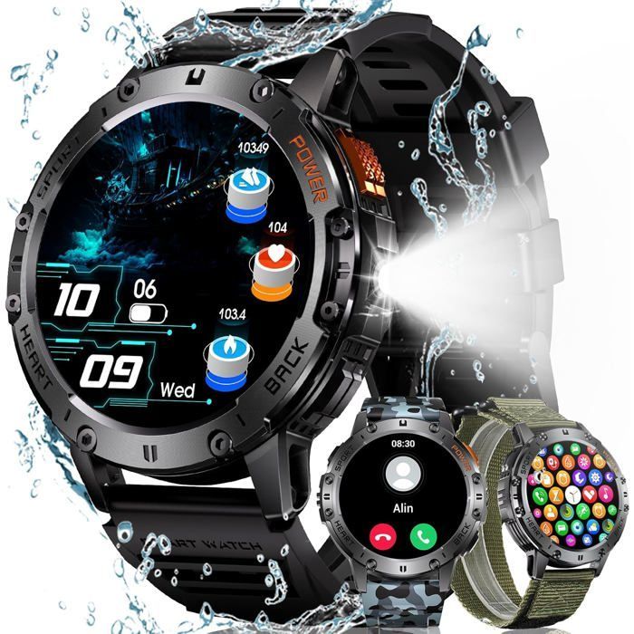 Montre Connectée Homme Sport:Étanche Ip68 Fitness Smartwatch Avec Torche Led Podometre - Appel Bluetooth Montres Compatible[YC532]