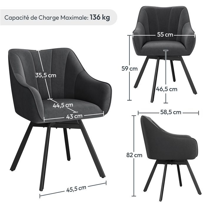 Yaheetech Chaise de Salle à Manger Rotative Chaise de Cuisine Roulante Assise en Velours et Pieds en Métal Gris Foncé