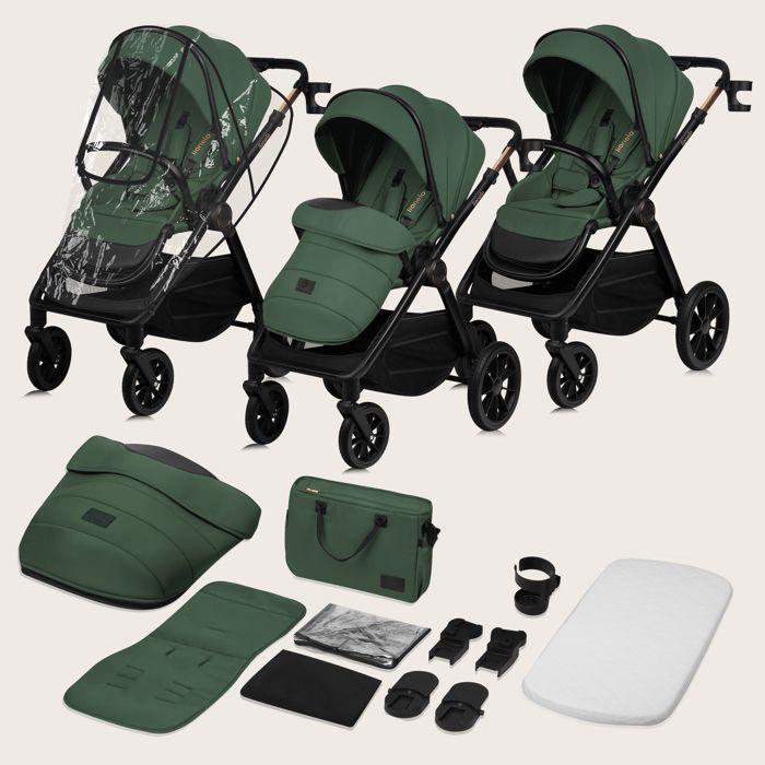 LIONELO Layla 2-in-1 Travel System - From Birth up to 22kg - Duo Stroller Pack, Carrycot, Bag and Accessories - Green