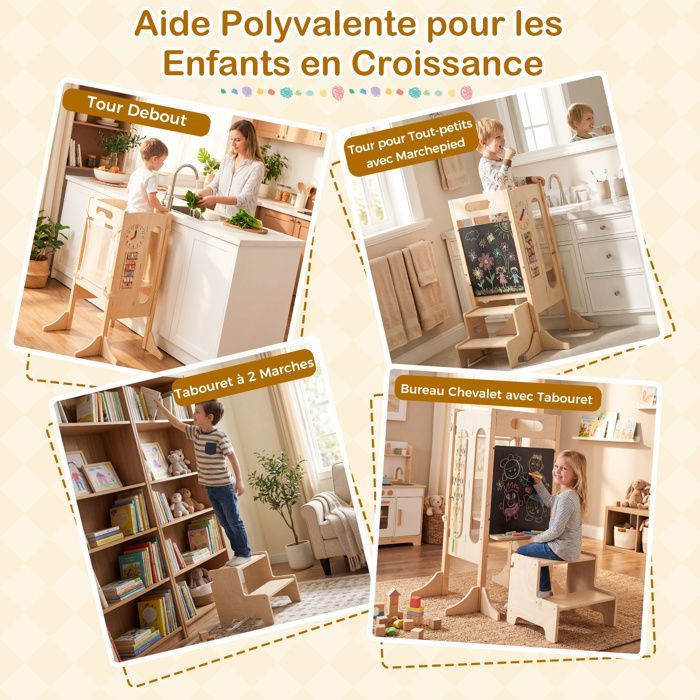 Torre de aprendizaje de madera COSTWAY para niños con escalones de 2 peldaños, pizarra y red de seguridad, para mayores de 3 años, color natural.