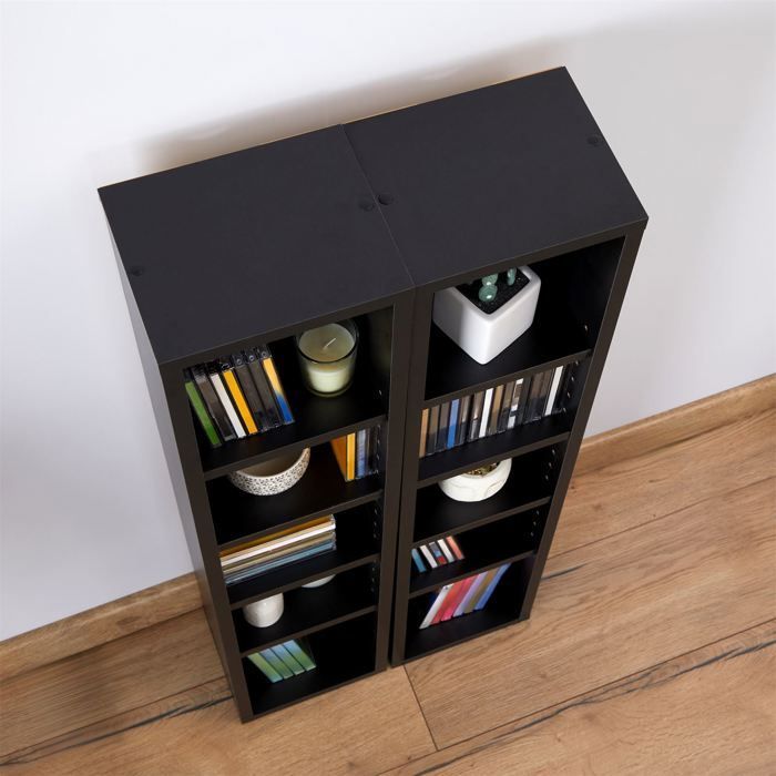 MUSIC modular shelving for CDs and DVDs, set of 2 column storage units with 10 compartments, in matte black melamine