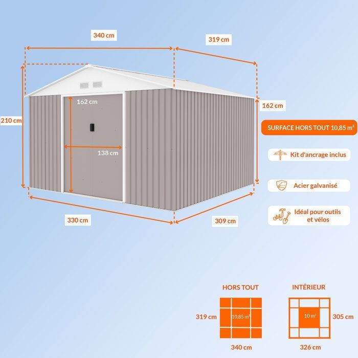 Metalen tuinschuur 10,85 m² - 340 x 319 x 210 cm - JUPITER - Inclusief verankeringsset, 2 schuifdeuren - Taupe