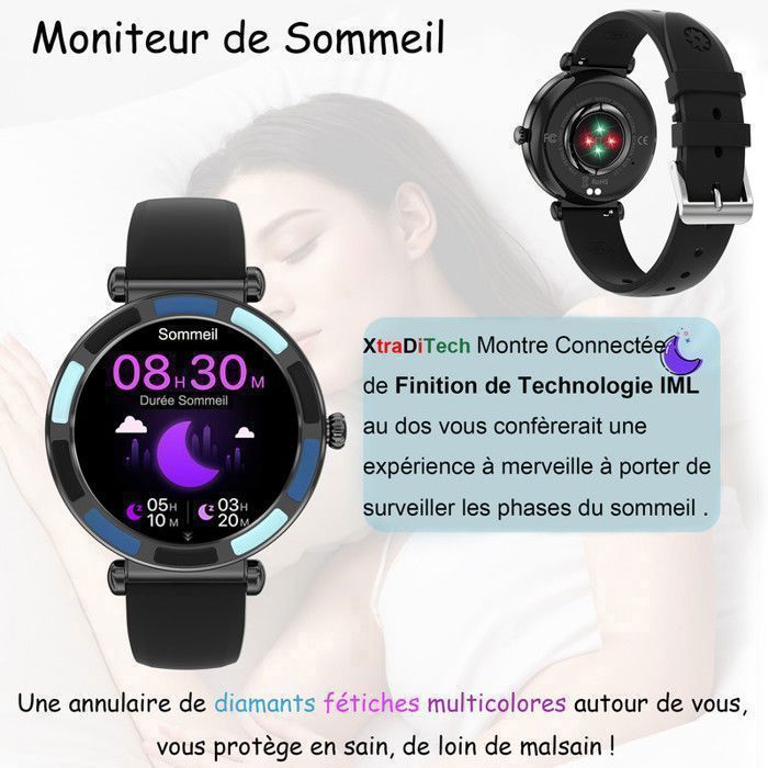 Montre Connectée Sport Femme Homme XTRADITECH Alliage Diamanté Strass Multicolore Noir Bleu Rond 1,27 Dos Finition IML 3 Bracelets