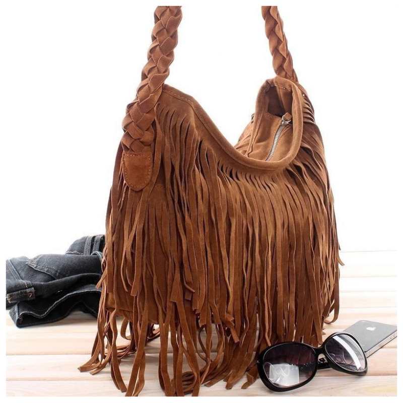 Borsa a tracolla da donna in finta pelle scamosciata con frange e nappine, borsa a mano da donna di grande capacità con frange, borsa cosmetica da viaggio.