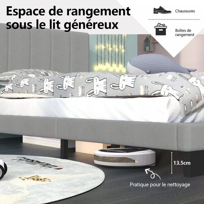 Cama infantil de 90 x 200 cm con somier de láminas incluido, estructura moderna, cabecero regulable en altura, color gris.