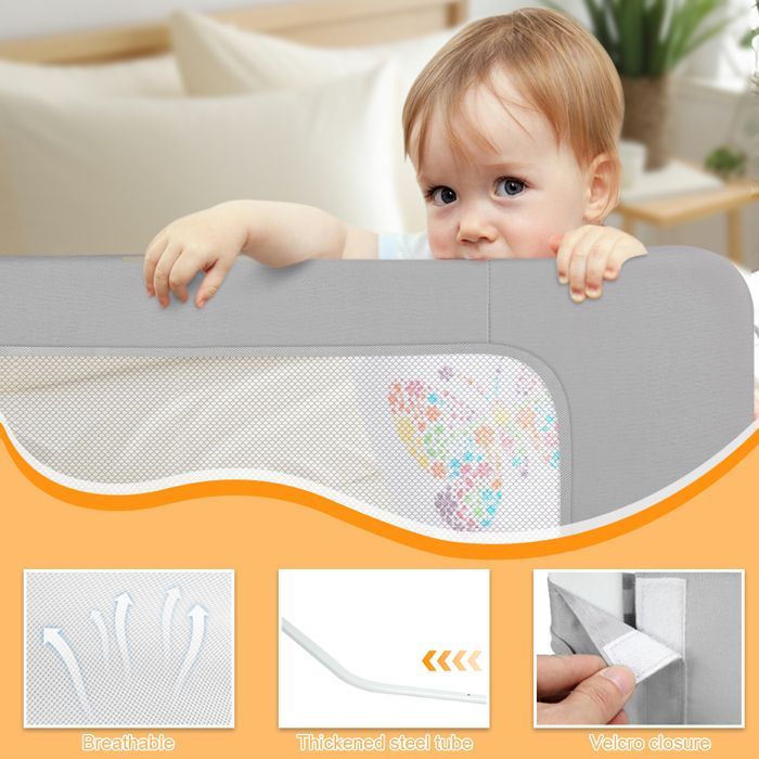 MIPAN. Barandilla para cama de bebé - Barandilla para cama de adulto - Barra de seguridad para cama - Ensanchada - Ajustable + Plegable + Anticaída - Gris