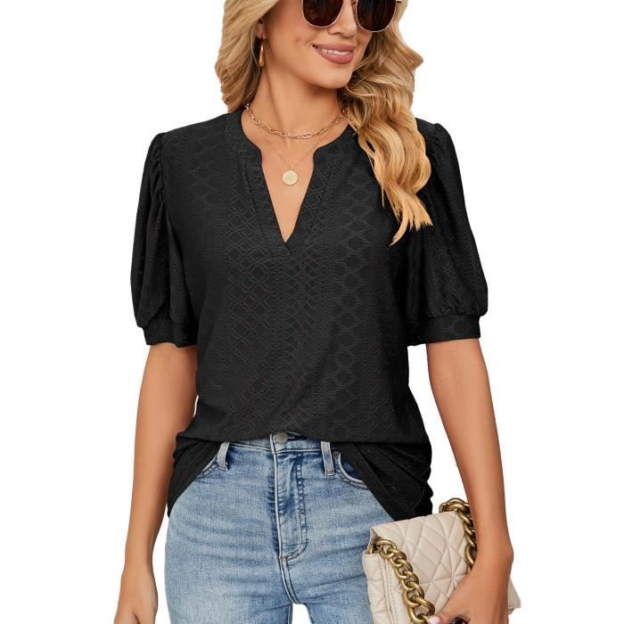 T-shirt Femme Col V Manches courtes Ciselé - Noir - INSFITY - 65% Rayonne, 30% Polyester, 5% Elasthanne