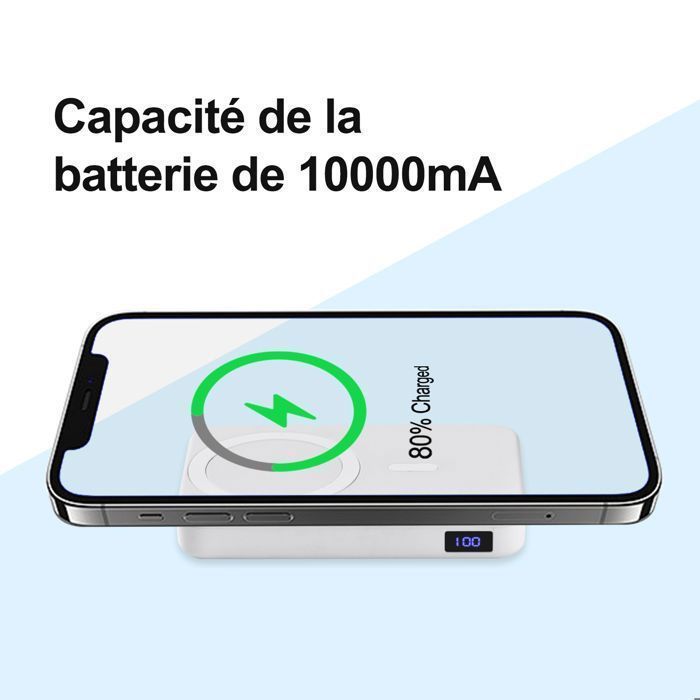 DOCCMIK Batterie externe magnétique 10000mah 22.5w batterie portable sans fil et filaire chargeur portable Compatible iPhone Blanc