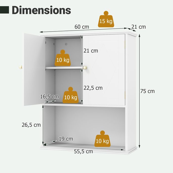 COSTWAY Meuble Mural Salle de Bain avec 2 Portes, Étagère Réglable, Compartiment Ouvert, pour Toilette, Buanderie, Salon, Blanc