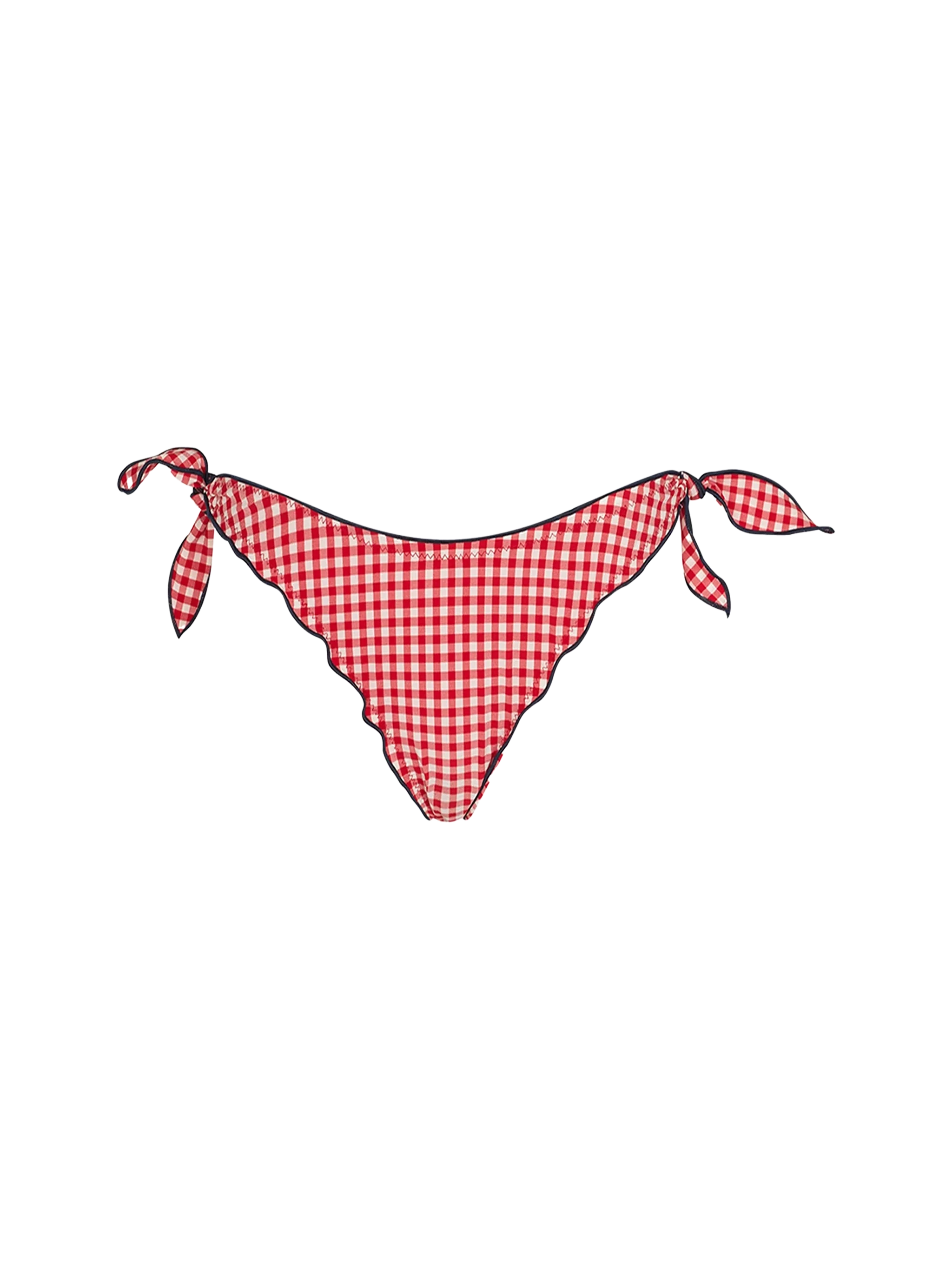 Traje de baño de mujer de corte alto con volantes y estampado de cuadros vichy.