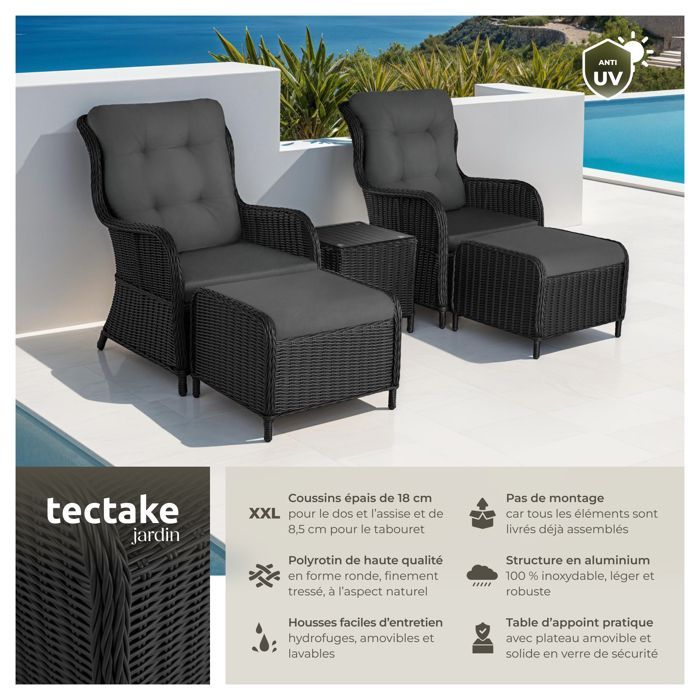 Muebles de jardín - TECTAKE - BENISSA, conjunto de tumbonas desmontables para 2 a 4 personas con mesa - Negro/Gris