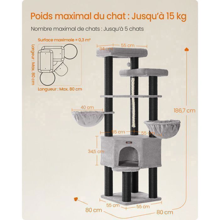 Arbre à Chat Feandrea - Hauteur de 186,7 cm, 5 niveaux et 1 plateforme - Gris et Noir