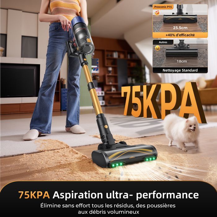 Aspiradora de mano inalámbrica PROSCENIC P15A - Potente aspiradora de 75 kPa/160 AW - Autonomía de 70 minutos - 650 W - Funcionamiento vertical - Ligera - Greeneye