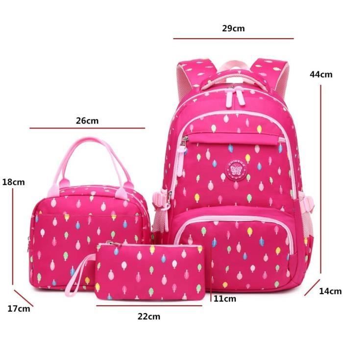 Sac à Dos pour Enfants 3pcs.Sac à Dos pour école Primaire pour Filles,Rose,Nylon,avec étui à Crayons isolé pour Sac à Lunch de 6-13