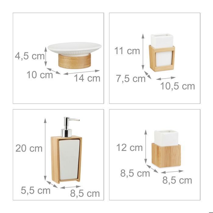 Relaxdays Accessoires salle de bain bambou céramique Set 4 pièces distributeur savon gobelet brosse à dent, nature blanc