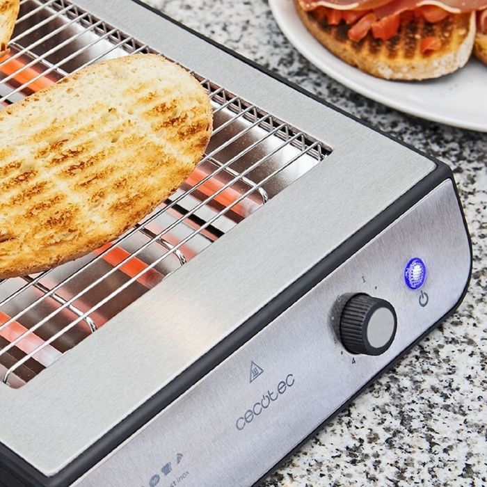 Tostadora horizontal básica Cecotec Turbo EasyToast. 3 elementos calefactores de cuarzo, 6 niveles de potencia, bandeja recogemigas.