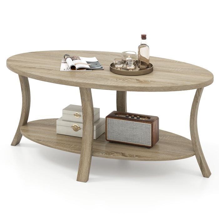 Mesa de centro ovalada COSTWAY con 2 niveles, mesa de centro de madera de caucho, estante de almacenamiento, mesa de centro para sala de estar, capacidad de carga 160 kg, natural