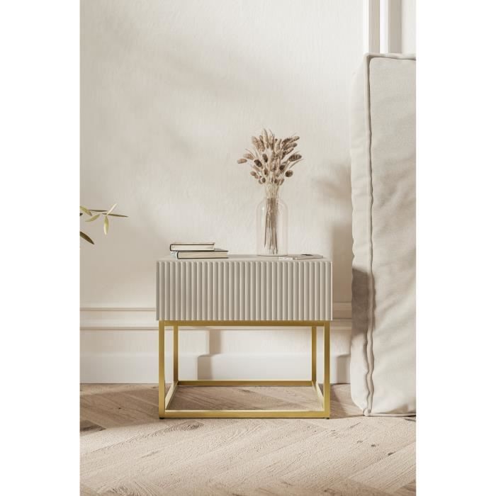 Mesita de noche - SELSEY - VELDIO - 50 x 35,6 x 44 cm - Topo (gris-beige) - Patas doradas