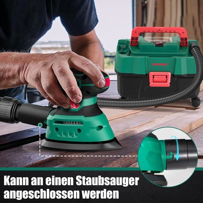 Ponceuse à bois HYCHIKA 140 W, 13 000 tr/min, aspiration efficace de la poussière, avec 12 papiers de verre