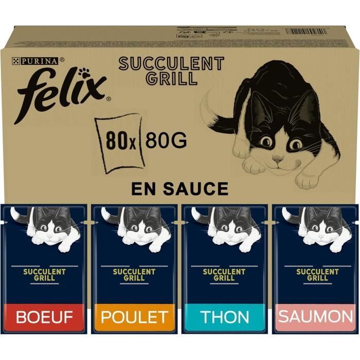Ração úmida Felix Succulent Grill para gatos - Frango, Carne, Salmão, Atum - 80 sachês