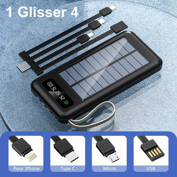 Cargador solar Power Bank de 20000 mAh con 4 cables integrados, 6 salidas y 3 entradas, pantalla LED y lámpara.