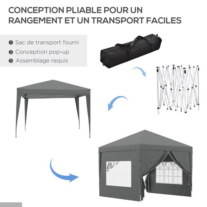 Opvouwbare partytent/paviljoen van 3 x 3 meter met 4 verwijderbare wanden + grijze draagtas
