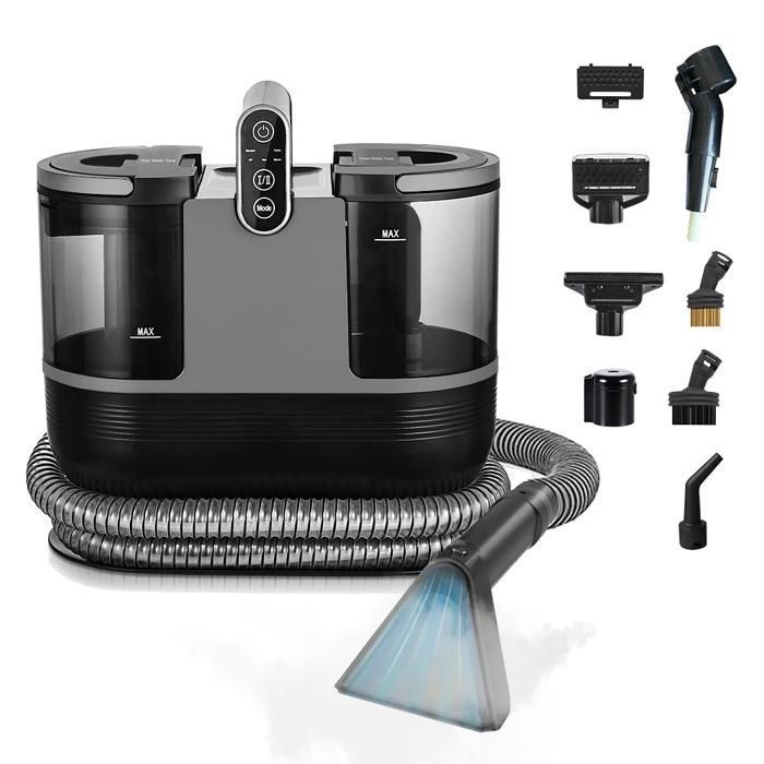 Dampfreiniger und Fleckenentferner (1200 W) – 1,6 l/0,95 l Tank – 1,9 m Schlauch / 4 m Kabel – Polsterreiniger mit 9 Zubehörteilen, Schwarz/Grau