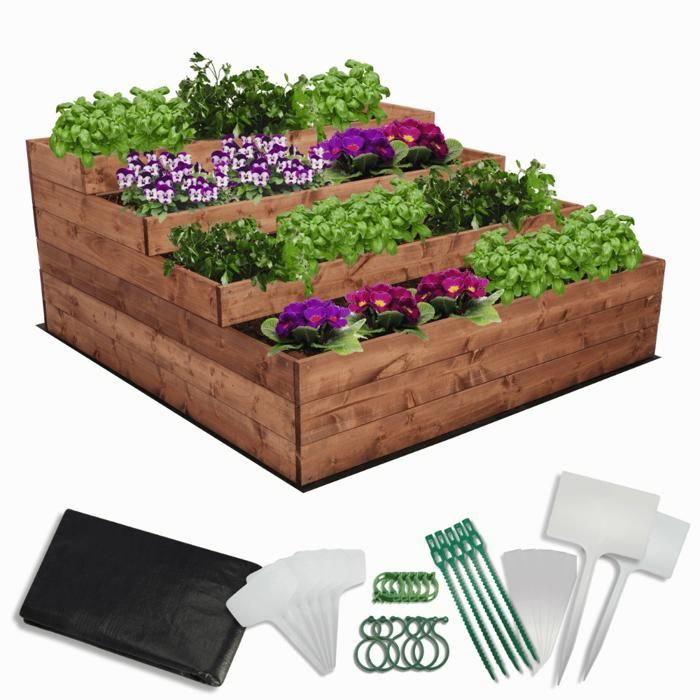 MODO24 Carré potager surélevé en bois, 4 niveaux en cascade, 54x117x120 cm, jardin/terrasse, kit jardinier inclus, brun imprégné