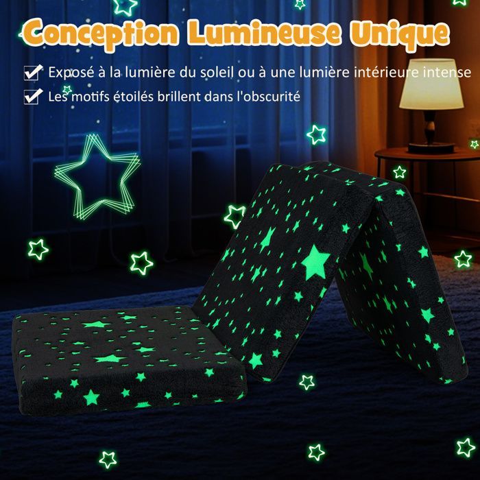 COSTWAY Tapis de Sieste Pliable en 3 Parties pour Enfants, Matelas de Sol Phosphorescent avec Sac de Rangement, Housse Amovible