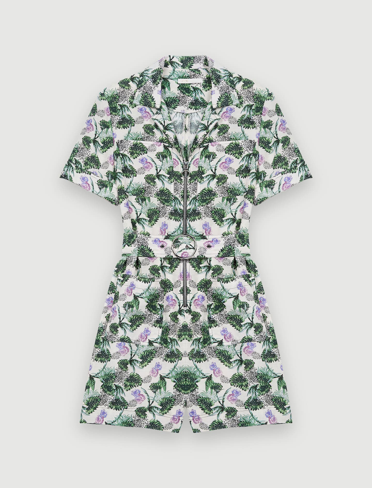 Bedrukte korte jumpsuit van viscose en linnen - Groentegroen/Ecru